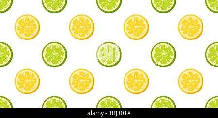 Seamless summer pattern with yellow lemon and green lime slices on white background. Cartoon vector background.  Stock Vector