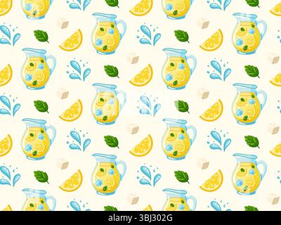 Seamless summer pattern with glass pitchers of lemonade, lemon slices, sugar and mint leaves. Cartoon vector background. Stock Vector