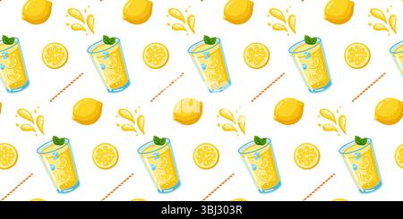 Seamless summer pattern with lemonade glasses, whole lemons, slices and straws. Cartoon vector background.  Stock Vector