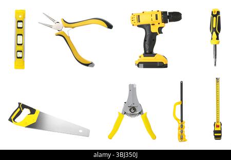 Different construction tools on white background, collage Stock Photo
