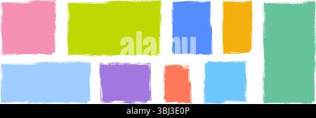 Colorful crayon text box set. Hand drawn rectangle and square sticker shape collection. Rough edge geometric patch pack. Doodled borders and frames. Vector bright painted elements for collage, banner Stock Vector