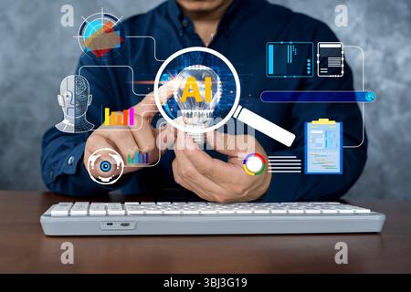 A businessman holds a light bulb with AI letters inside, surrounded by futuristic digital icons. Concept of artificial intelligence, big data, machine Stock Photo