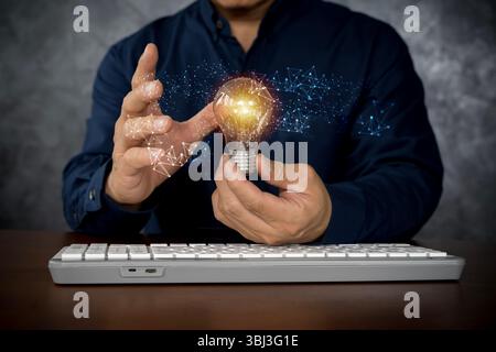 A businessman holds a glowing light bulb with abstract digital connection lines, symbolizing innovation, creative thinking, and futuristic technology Stock Photo