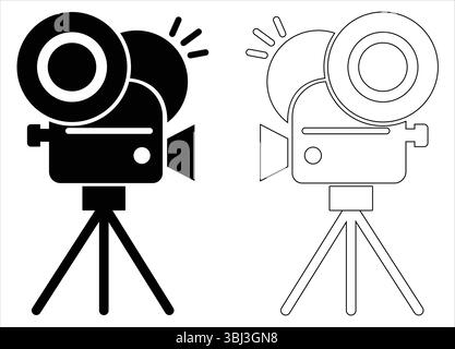 Dual Style Vintage Movie Camera Icons Bold Black Fill and Minimalist Outline Design on Tripods Representing Classic Cinematic Filmmaking Equipment Stock Vector