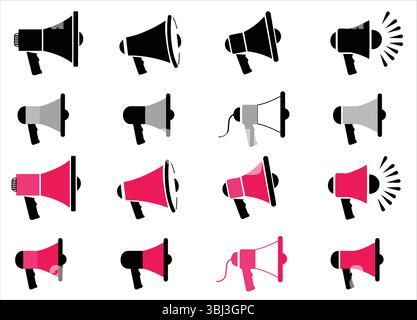 Colorful Megaphone Icon Set Featuring Various Styles, Angles, and Sound Effects for Graphic Design and Communication Concepts Stock Vector