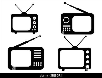 Vintage Television Icons Collection Retro TV Set Silhouettes with Antennas and Buttons, Perfect for Classic Media and Broadcast-Themed Designs Stock Vector