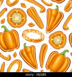 Vector Orange Pepper Seamless Pattern, decorative background with variety flying cartoon sweet peppers with seeds, square poster with group of whole a Stock Vector