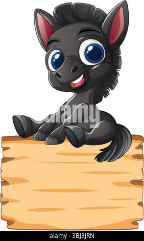Adorable donkey sitting on a blank wooden sign Stock Vector