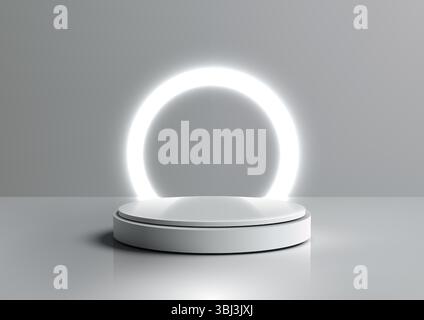 modern and minimalist 3D clean white circular podium, set on a reflective surface against a soft gray wall, illuminated by glowing white neon ring. It Stock Vector