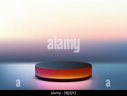 3d black cylindrical podium with a vibrant glowing orange-red base sits on a reflective surface, product mockups, presentations, or futuristic showroo Stock Vector