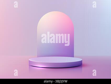 modern minimalist 3D circular podium on a reflective surface, backed arched against a beautiful gradient of pink, purple, and blue. product displays, Stock Vector