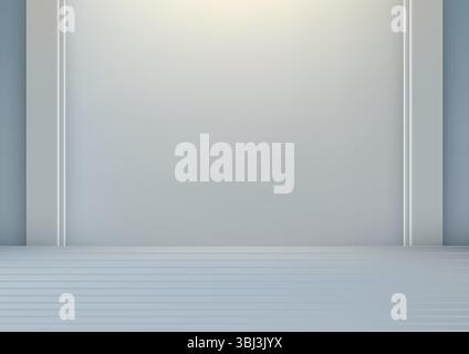A bright minimalist empty room with smooth light grey walls and soft gradient lighting. Modern clean space with subtle striped floor texture, ideal fo Stock Vector