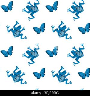 Tropical animal pattern with blue frogs and butterflies for design and decoration. Stock Vector