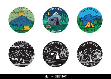 A set of camping adventure icons, illustrated in colorful modern line art and silhouettes. Stock Vector