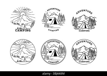 Collection of line art illustrations featuring an outdoor camping theme. Stock Vector