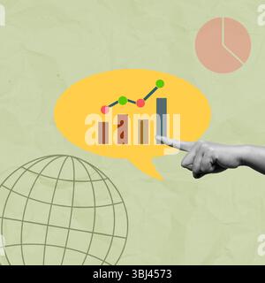 Human hand showing upward graph on the speech bubble with colored background. Concept of strategy planning. Collage art Stock Photo