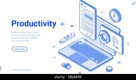 Isometric line banner elements focusing on productivity concepts. It highlights a laptop, clock, and various icons to represent organization and effic Stock Vector