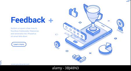 Digital feedback system featuring a trophy on a smartphone. It emphasizes user satisfaction through ratings and social interactions, showcasing modern Stock Vector