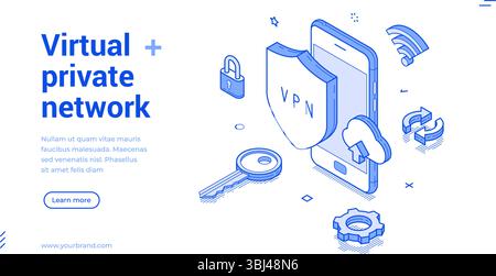 Isometric line banner depicts a VPN concept with a smartphone, shield, key, and connection symbols, highlighting security and internet privacy in a sl Stock Vector
