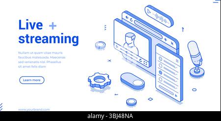 Isometric line banner showcases live streaming elements like video screens, a microphone, and various controls. It is designed in a modern style with Stock Vector