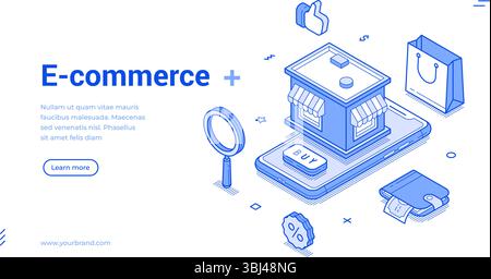 Isometric line banner illustrates the concept of e-commerce with elements including a smartphone, shopping bag, magnifying glass, and a buy button. It Stock Vector