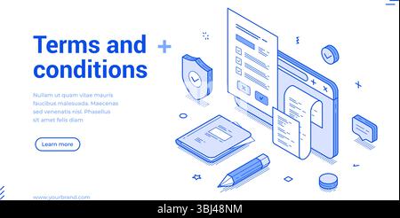 Isometric line banner presents vital terms and conditions in a clean and modern format. It features various icons and elements designed to enhance use Stock Vector