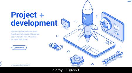 Project development in a modern isometric style featuring a rocket ready for launch, gears, and technology icons, conveying innovation and forward-thi Stock Vector