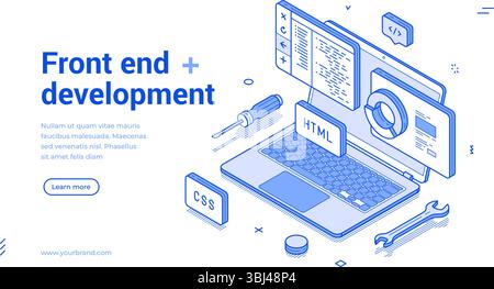 Isometric illustration depicts front-end development with a laptop, coding symbols, and tools, showcasing the significance of web development in today Stock Vector