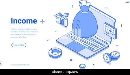 Isometric line banner highlights the concept of income, displaying a laptop surrounded by financial symbols, including a money bag, graphs, and coins, Stock Vector