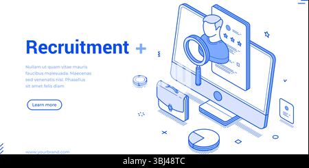 Recruitment theme showcasing a computer screen, a magnifying glass, and various job application icons. Modern design represents digital hiring. Isomet Stock Vector