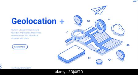 Isometric line banner focuses on geolocation, featuring a map, smartphone, and various icons that symbolize location tracking. It illustrates modern t Stock Vector