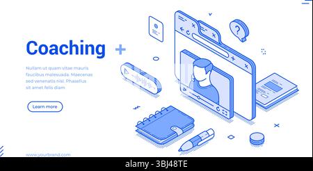 Modern isometric line banner template design displays a coaching session with a person participating in an online training setup. Stock Vector