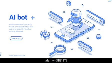 Modern Isometric line banner template showcases an ai bot interacting with a smartphone, emphasizing modern technology Stock Vector