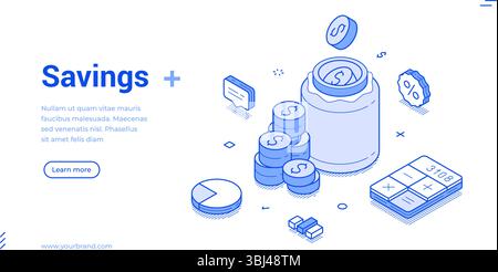 Isometric line illustration highlighting savings concepts, including a jar, coins, and a calculator. It effectively communicates financial planning an Stock Vector
