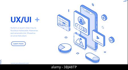 Creative illustration features isometric line art elements related to UX UI design. It highlights various digital icons and functionalities, promoting Stock Vector