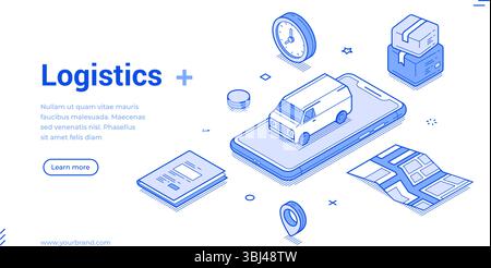 Modern isometric line illustration depicting logistics concepts. It includes a delivery van, smartphone, packages, and a clock, highlighting efficient Stock Vector