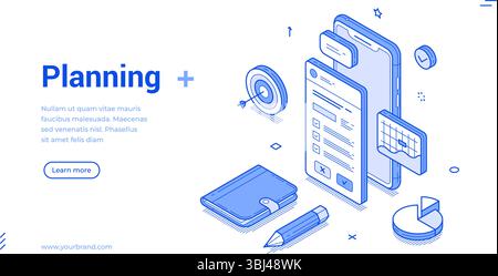 Isometric line illustration showcases various planning elements, including a smartphone, checklist, calendar, and other tools essential for effective Stock Vector