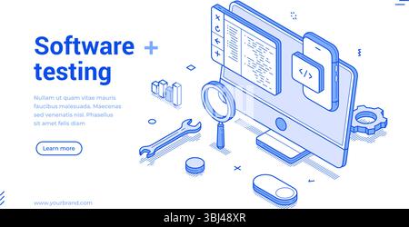Isometric line banner that highlights software testing tools including a computer screen, mobile device, and various icons. Stock Vector