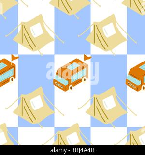 Seamless cartoon pattern with beige camping tents and orange camper vans. Flat style with soft colors and blue checkered background. Stock Vector
