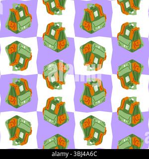 Seamless pattern with green cartoon hiking backpacks on a wavy lilac and white background. Flat style, outdoor adventure theme. Stock Vector