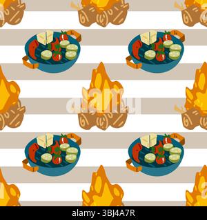 Seamless cartoon pattern with campfires and camping meals in frying pans. Flat outdoor style with striped sand and white background. Stock Vector