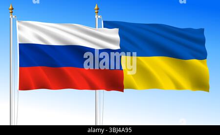 Russia vs Ukraine, waving flags on a sky blue background, vector illustration Stock Vector