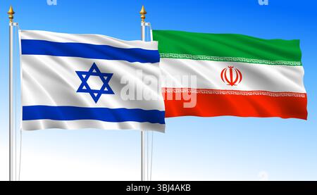 Israel vs Iran, waving flags on a sky blue background, vector illustration Stock Vector
