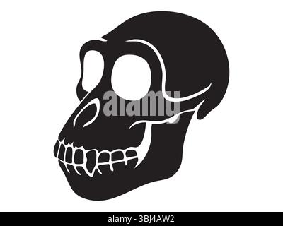 Black silhouette of a monkey skull with large eye sockets and visible teeth, isolated on white background, graphic illustration. Concept of primate an Stock Vector