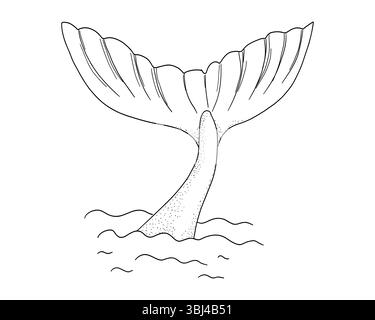Whale tail retro dots texture with water splash circles stars line sketch minimal geometric tattoo. Mermaid or ocean mammal with waves vintage. Vector illustration Stock Vector