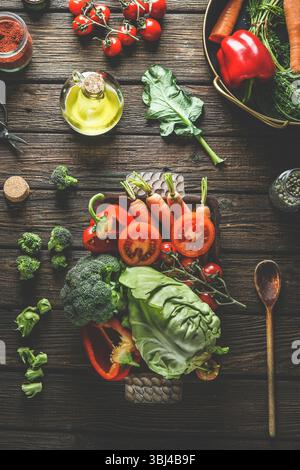 Various colorful vegetables on wooden plate, kitchen utensils and ingredients: cabbage, tomatoes,broccoli,carrots, bell pepper, olive oil at rustic wo Stock Photo