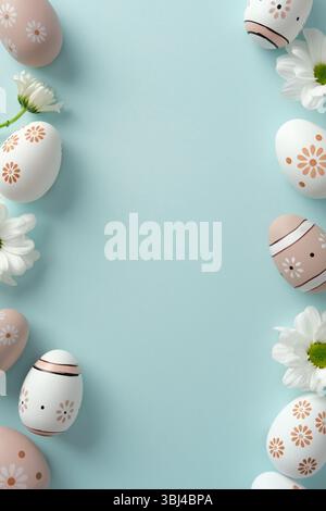Pastel Easter eggs and white daisies on a light blue background Stock Photo