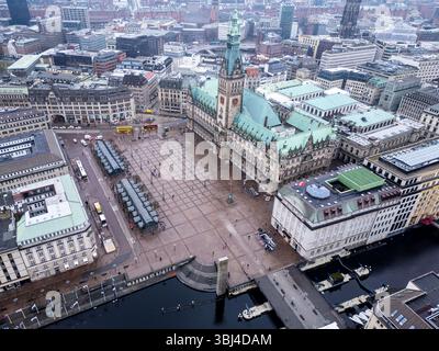 Hamburg, Germany: Aerial view of the famous Hamburg Town hall historic building, the Hamburger Rathaus in northern Germany. Stock Photo