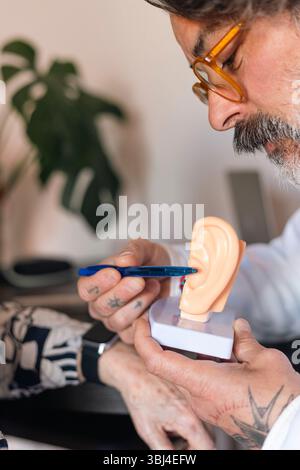 Audiologist explaining ear structure using a model and pen Stock Photo