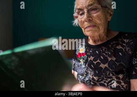 An elderly woman with glasses is deeply engaged in reading a green book. Sunlight filters through a window, highlighting her thoughtful expression. Stock Photo